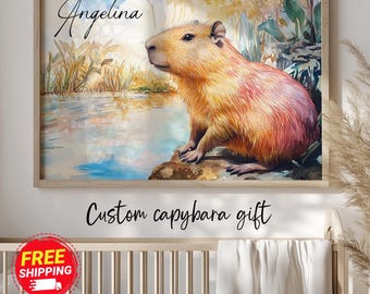 Aangepaste naambord capibara kunst aan de muur, positieve bevestiging capibara kinderkamer naam afdrukken, capibara baby shower cadeau kunst, capibara muur decor