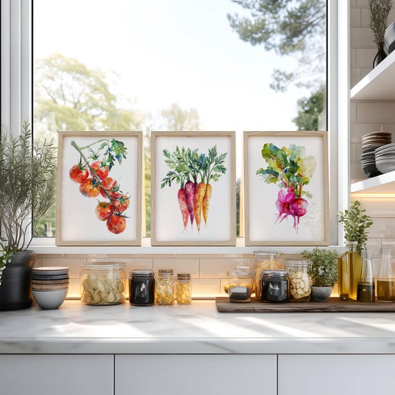 Vegetable Wall Art Set | Watercolor Veggie Prints | Kitchen Dining Room Farmhouse Decor | Framed or Unframed Vegan Gallery Wall Set