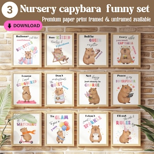 Cute Funny Empower Capybara Wall Art Set of 12, Big Silly Pink Capybara Print Bundle, Capybara Wall Decor, Capybara Gallery Wall PRINTABLE