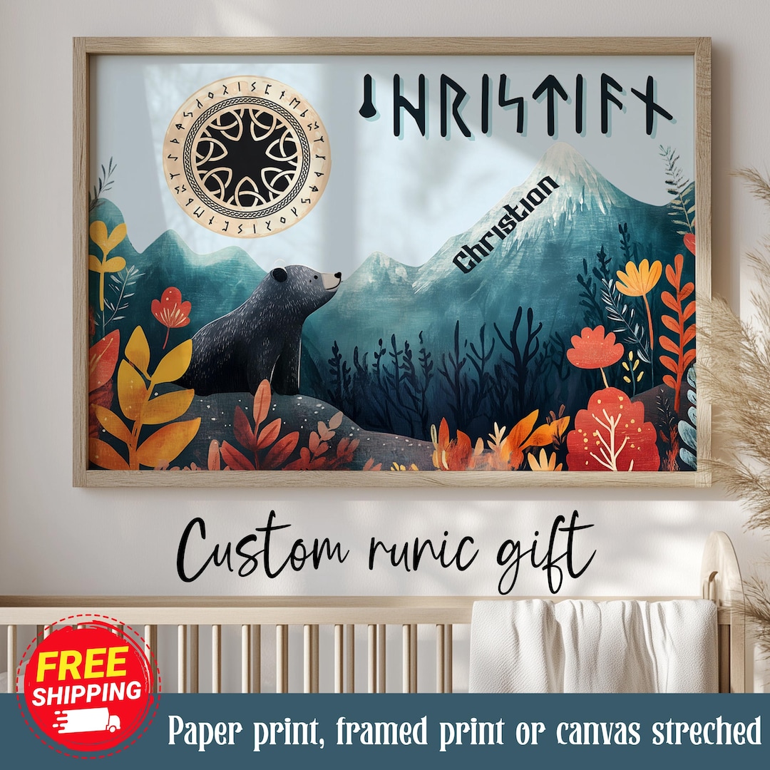 Custom Baby Runic Name Art Print, Futhark Bear Child Name Canvas, Norse ...