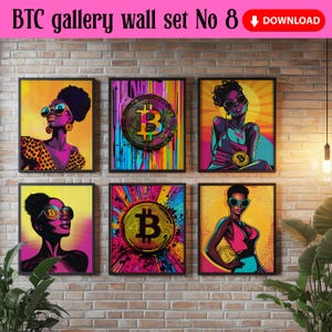 Pop Art Bitcoin Black Woman Wall Art Set of 6, Modern Colorful Bitcoin Art Print Set of Six, Unique Bitcoin Wall Decor Gallery Poster