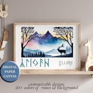 Benutzerdefinierte Baby Runen Name Print Futhark Kind Name Poster nordischen Namen Wand Kunst personalisierte Futhark nordischen Kinderzimmer Geschenk Viking Kinderzimmer Deer Dekor