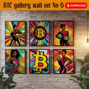 Pop Art Bitcoin Black Woman Wall Art Set of 6, Modern Colorful Bitcoin Art Print Set of Six, Unique Bitcoin Wall Decor Gallery Poster
