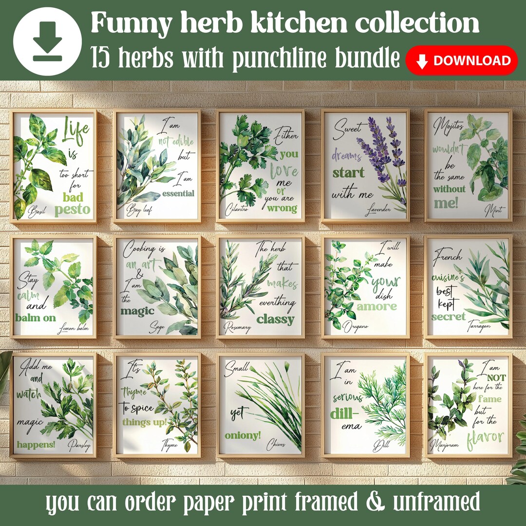 Watercolor Funny Herb Wall Art Set of 15, Modern Kitchen Herb Set ...