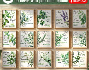 Aquarell lustiges Kräuter-Wand-Kunst-Set von 15, moderne Küchen-Kräuter-Set-Bundle, Comic-Kräuter-Wand-Dekor druckbar, einzigartige Kräuter-Lyriken Wand-Kunst-Zeichen