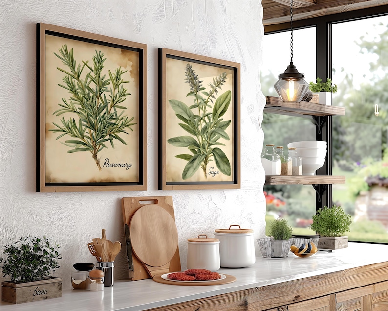 Vintage Watercolor Herb Prints – Rustic Kitchen Wall Art Set | Antique ...