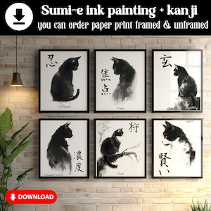 Ensemble de 6 impression d'art chat sumi-e, lot de six d'art mural chat noir Japandi, mur de la galerie chat encre Sumie Japandi, décoration murale chat japonais à imprimer
