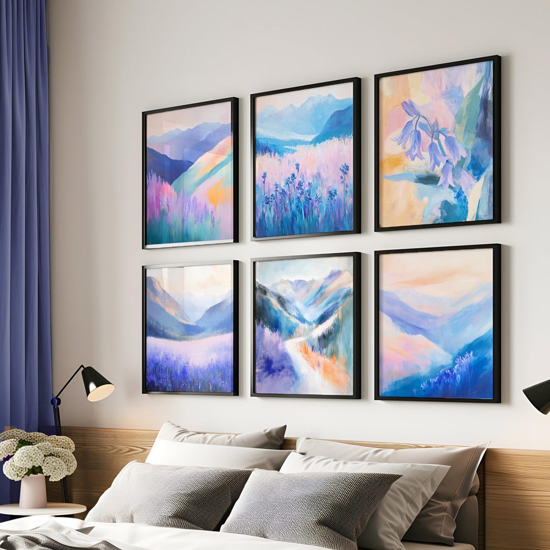 Watercolor Abstract Mountain Bluebell Art Print Set of 6, Pastel Pink ...