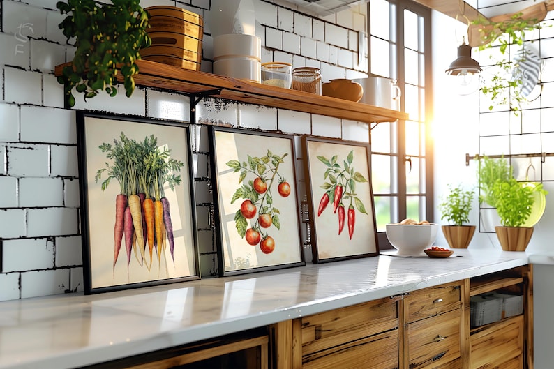 rustic vegetable kitchen prints | 3-piece wall art |... Vintage Zucchini Cucumber Avocado Cauliflower Wall Art Set of 15 ...