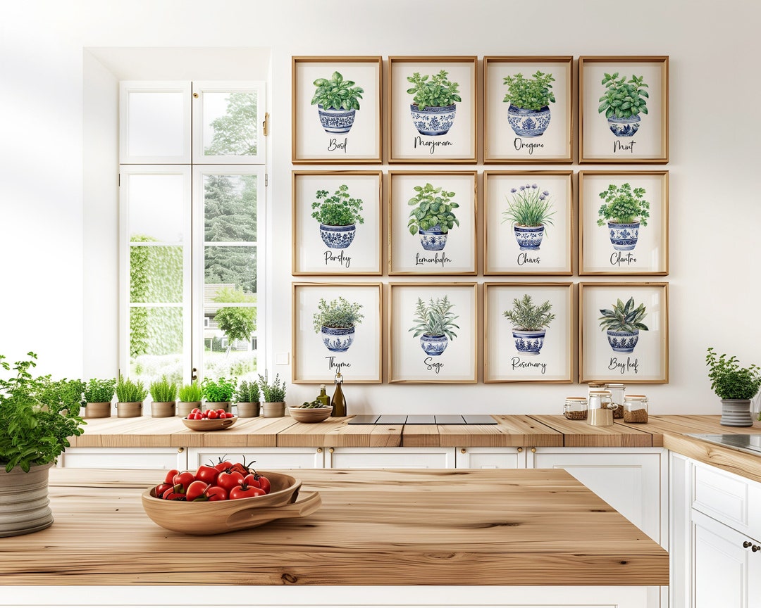 Watercolor Herbs Chinoserie Vase Wall Art Set of 12, Printable Potted ...
