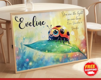 Custom Name Sign Baby Girl Ladybug Wall Art, Positive Affirmation Ladybug Kids Room Name Print, Ladybug Baby Shower Gift Canvas or Framed