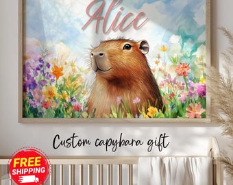 Aangepaste naambord capibara kunst aan de muur, positieve bevestiging capibara kinderkamer naam afdrukken, capibara baby shower cadeau kunst, capibara muur decor