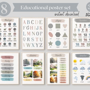 Pastel Preescolar Tiempo Gráfico Formas Arte de la pared Alfabeto Números Sentimientos Cartel Neutral Niños Decoración Boho Aula Impresión Educativa Conjunto de 8
