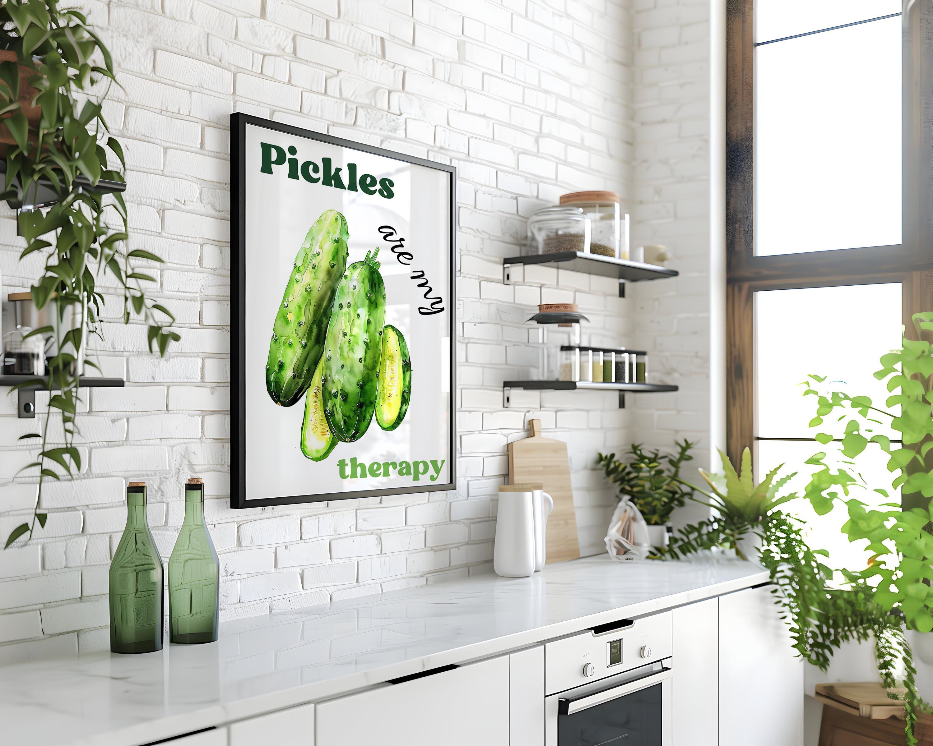 Dazzlewall Framed Funny Kitchen Wall Art Poster, Olive Green Cucumber Pickle Picture For Dining Room Decor 12x16 In
