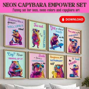 Bold Funny Teen Empower Capybara Wall Art Set of 8, Silly Pink Capybara Print Bundle, Capybara Wall Decor, Capybara Gallery Wall PRINTABLE