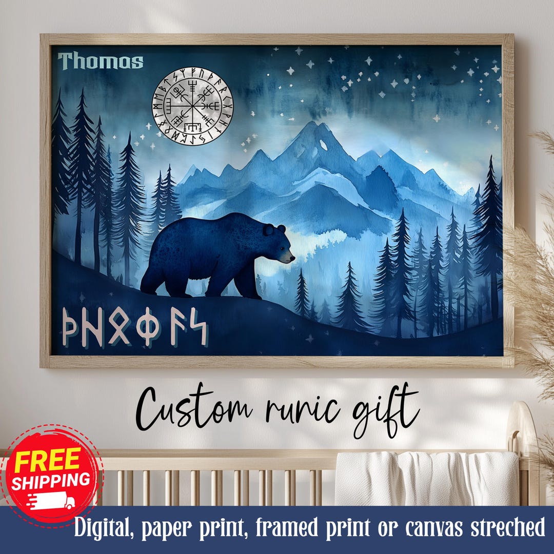 Custom Baby Boy Runic Name Art Print, Navy Futhark Bear Name Canvas ...