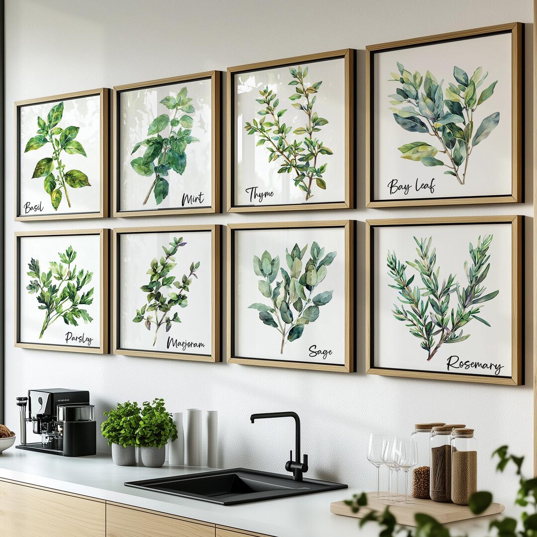 Watercolor Herb Bundle Wall Art Sign Set of 8, Modern Kitchen Herb Set ...