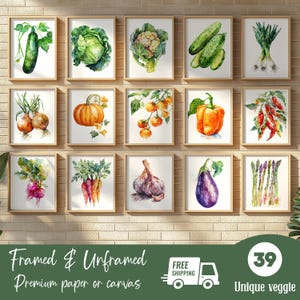 Aquarel Veggie Art Print set van 3 6 8 of 12, groenten botanische muur kunst papier wordt afgedrukt GRATIS VERZENDING, veganistische keuken poster set ingelijst