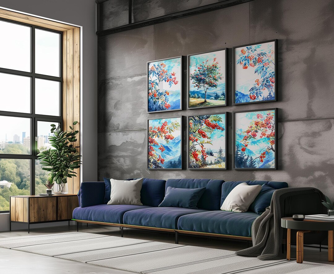 Mountain Ash Rowan Wall Art Set of Six, Modern Branches Leaves Powder ...