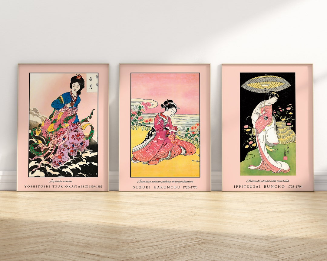 Geisha Japanese Woman Print Set of 3 - Vintage Pink Ukiyo-e Gallery ...