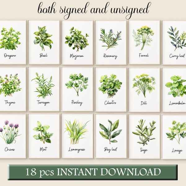 Watercolor Herbs Print Set of 18 Herbs Illustrations Rustic Kitchen Herb Print Herb Wall Art Herb Botanical Kitchen Art PRINTABLE Herbs