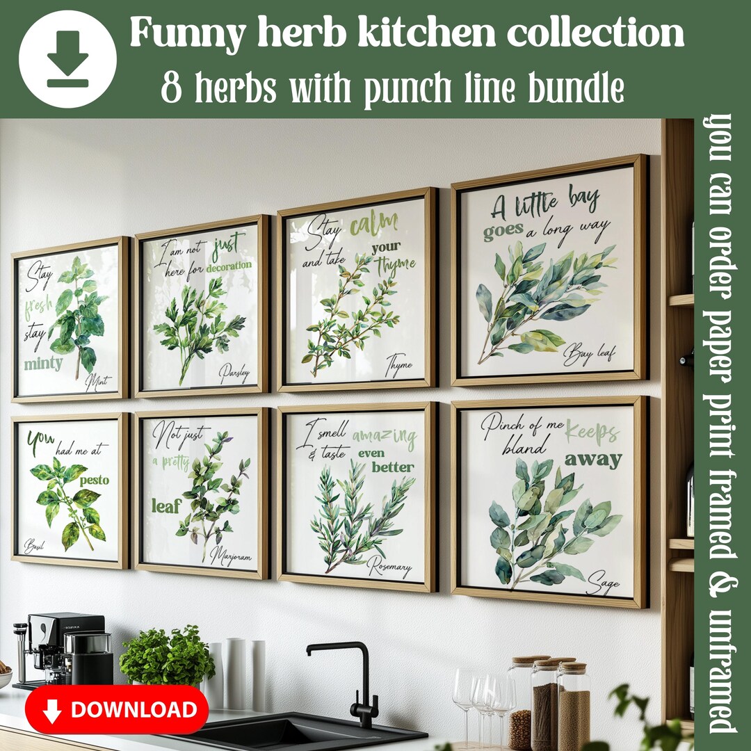 Watercolor Funny Herb Wall Art Set of 8, Modern Kitchen Herb Set Bundle ...