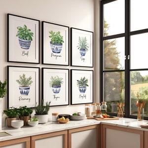 Watercolor Herbs Chinoserie Vase Wall Art Set of 3 4 6 or 12 Potted ...