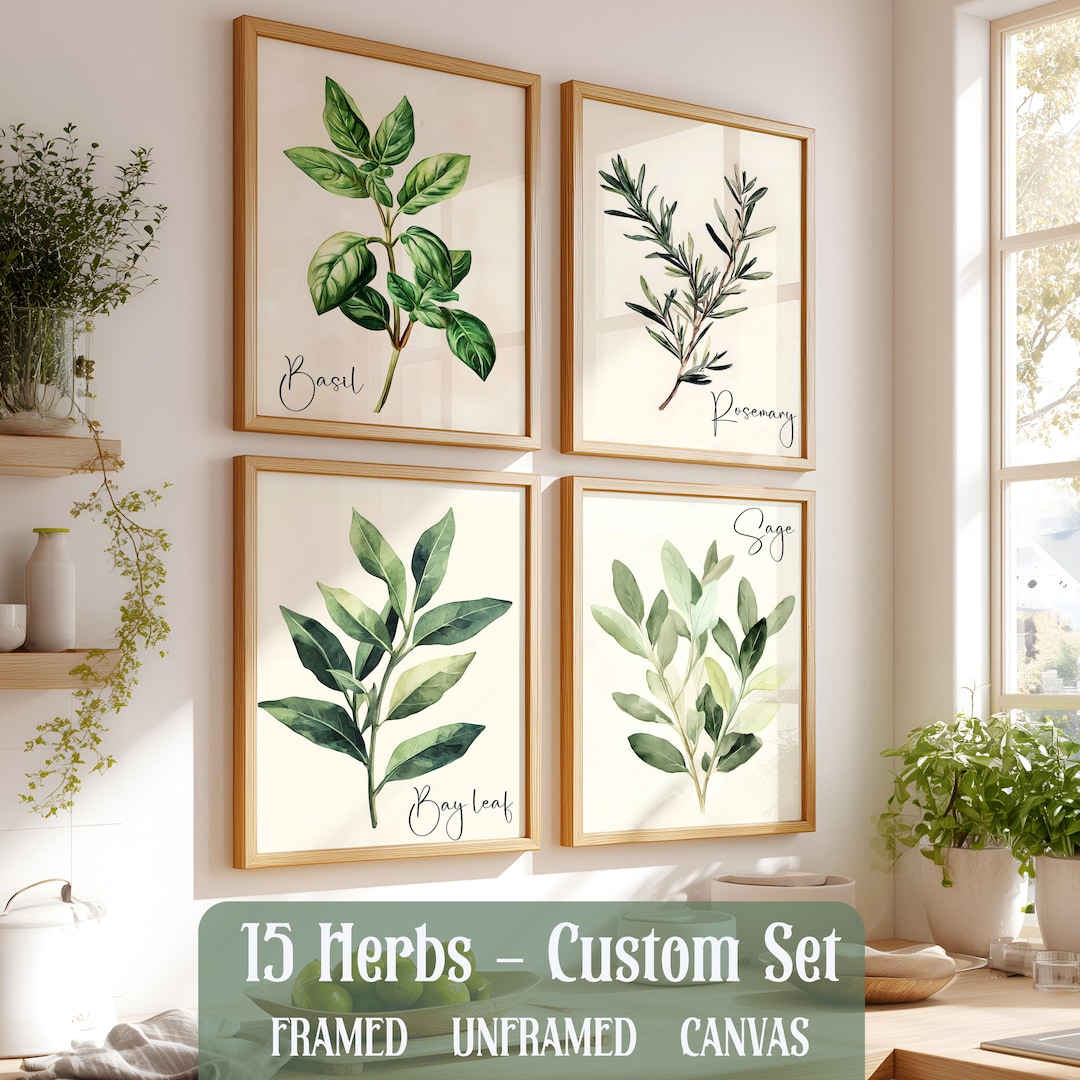 kitchen wall decor art prints - botanical prints -... Watercolor Herb Art Print Set, Framed Kitchen Wall Decor, Culinary ...