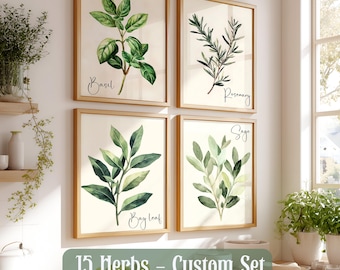 Watercolor Herb Art Print Set, Framed Kitchen Wall Decor, Culinary Herbs Gallery, Mediterranean Dining Room Art, Gift for Chef
