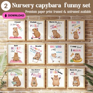 Cute Funny Empower Capybara Wall Art Set of 12, Big Silly Pink Capybara Print Bundle, Capybara Wall Decor, Capybara Gallery Wall PRINTABLE
