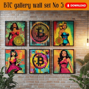 Pop Art Bitcoin Woman Wall Art Set of 6, Modern Colorful Bitcoin Art Print Set of Six, Bitcoin Wall Decor Gallery, Unique Bitcoin Poster Set