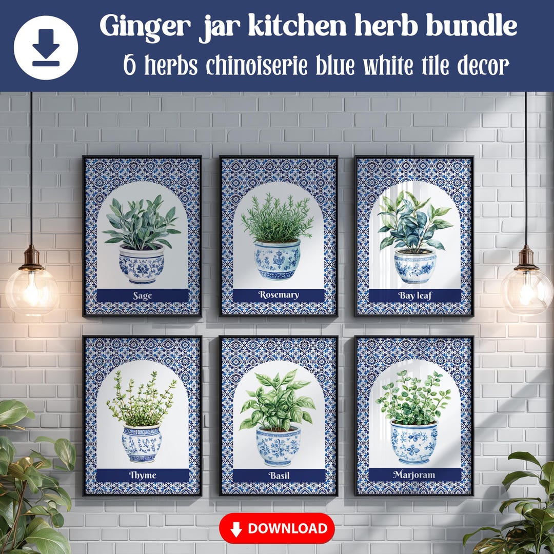 Blue and Wite Mosaic Tile Herb Wall Art Set of 6, Botanical Herbal ...