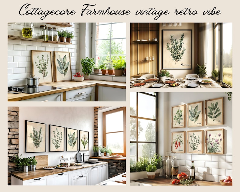 Vintage Watercolor Herbs Print Set of 6, Cottagecore Herb Wall Decor ...