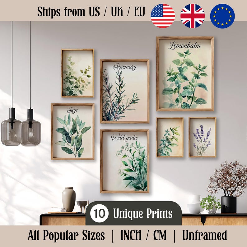 Modern Watercolor Herbs Print Set of 2,4,6 8 or 12, Cottagecore Modern ...