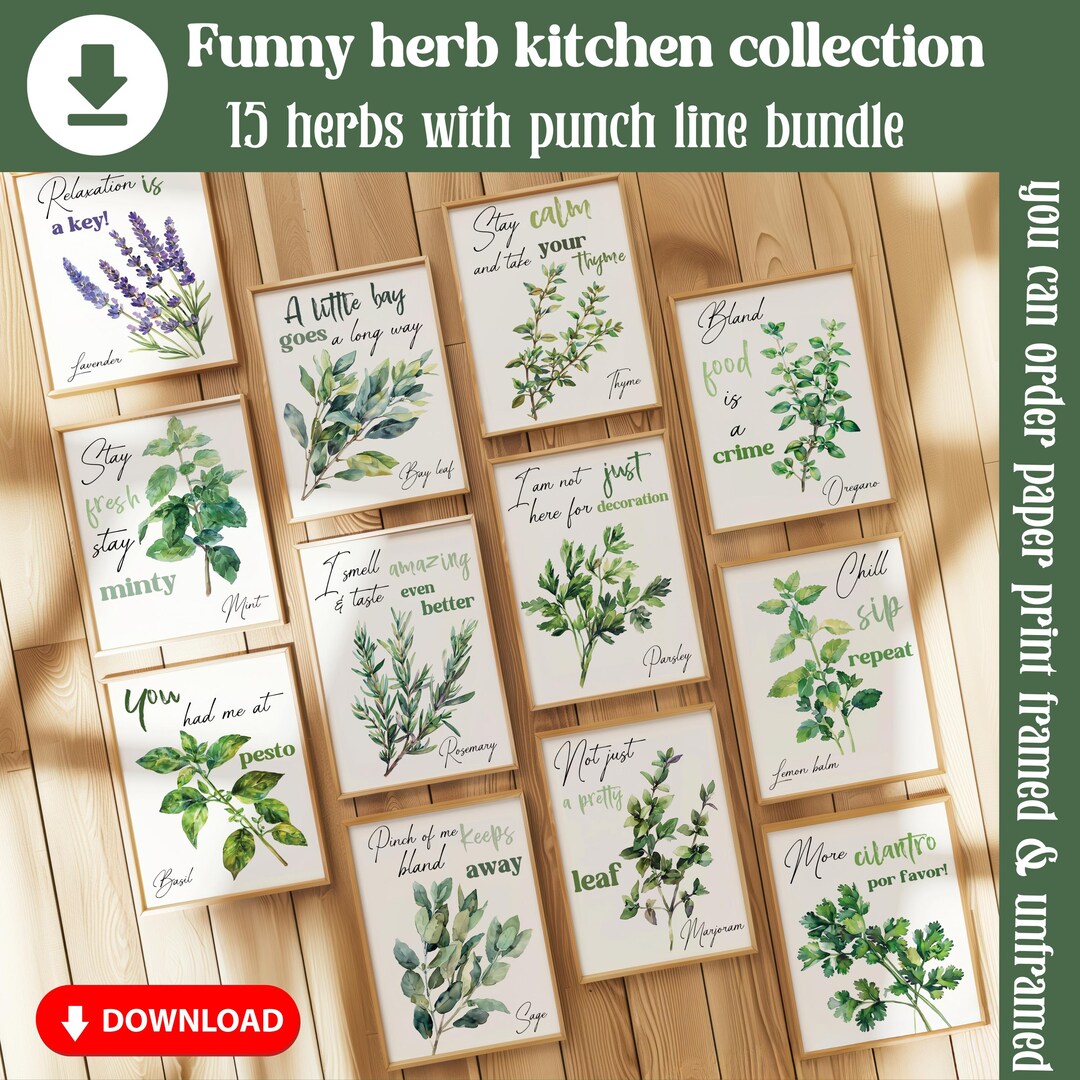 Watercolor Funny Herb Wall Art Set of 15, Modern Kitchen Herb Set ...