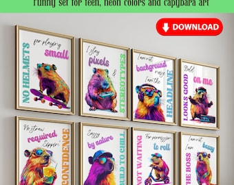 Bold lustige Teen Capybara Wand Kunst Set von 8, Silly Pink Capybara Print Bundle, Capybara Wand-Dekor, Capybara Galeriewand DRUCKBAR