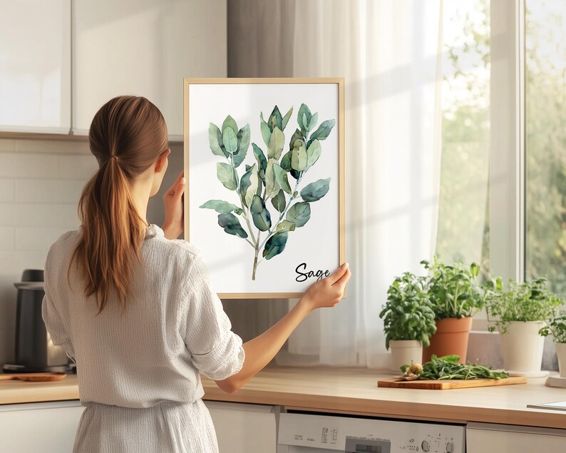 Watercolor Herb Bundle Wall Art Sign Set of 8, Modern Kitchen Herb Set ...