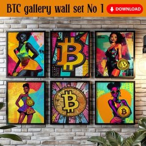 Pop Art Bitcoin Woman Wall Art Set of 6, Modern Colorful Bitcoin Art Print Set of Six, Bitcoin Wall Decor Gallery, Unique Bitcoin Poster Set
