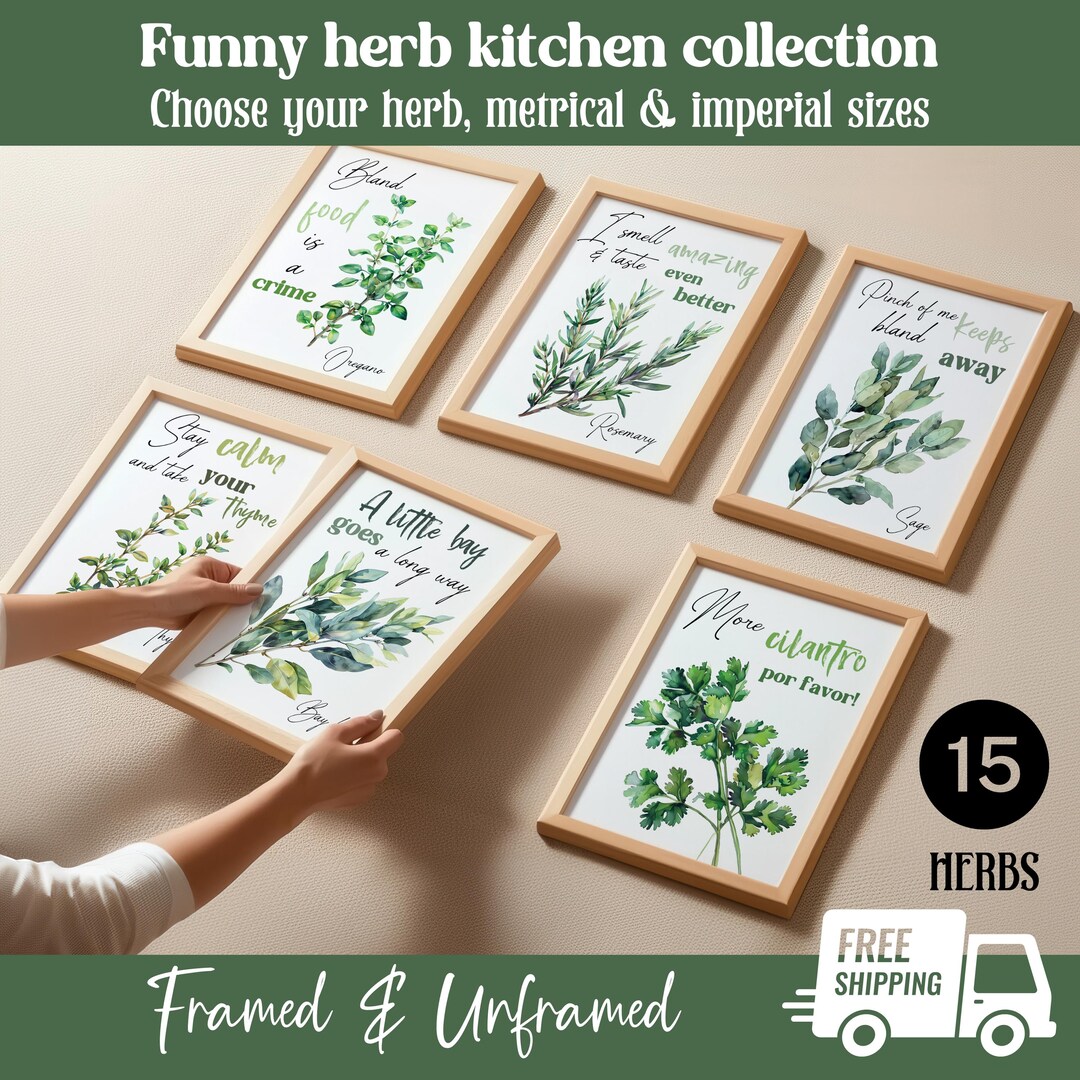 Watercolor Funny Herb Wall Art Sign Set of 2 3 6, Modern Kitchen Herb ...