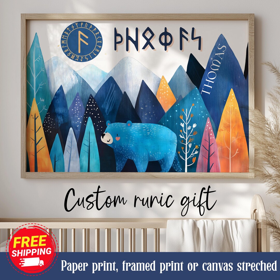 Custom Baby Runic Name Art Print, Futhark Bear Child Name Canvas, Norse ...
