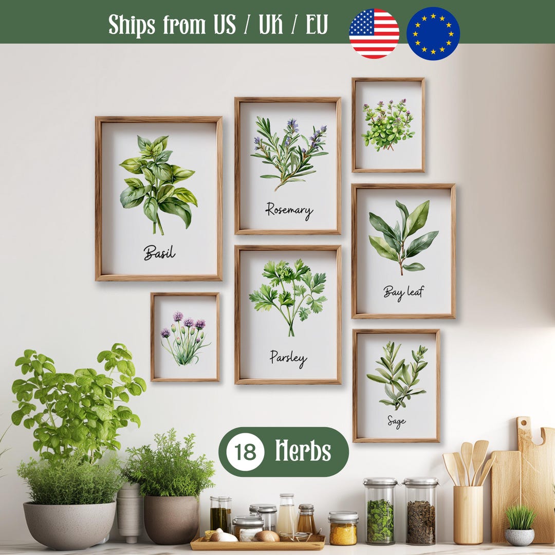 kitchen wall decor art prints - botanical prints -... Watercolor Herb Botanical Prints – Rustic Kitchen Wall Art Set of 3, 6 ...