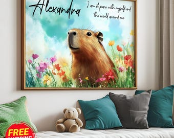 Aangepaste naambord babymeisje capibara kunst aan de muur, positieve bevestiging capibara kinderkamer naam afdrukken, capibara babyshower cadeau canvas of ingelijst