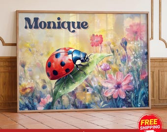 Custom Name Sign Baby Girl Ladybug Wall Art, Positive Affirmation Ladybug Kids Room Name Print, Ladybug Baby Shower Gift Canvas or Framed