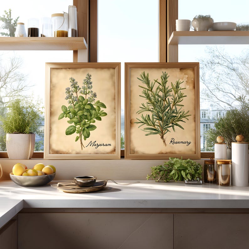Vintage Watercolor Herb Prints – Rustic Kitchen Wall Art Set | Antique ...