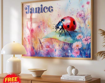 Custom Name Sign Baby Girl Ladybug Wall Art, Positive Affirmation Ladybug Kids Room Name Print, Ladybug Baby Shower Gift Canvas or Framed