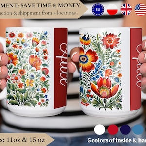 May include: Two white ceramic mugs with a floral design in red, blue, green, and yellow. The mugs are 11 oz and 15 oz. The inside and handles of the mugs are available in five colors.