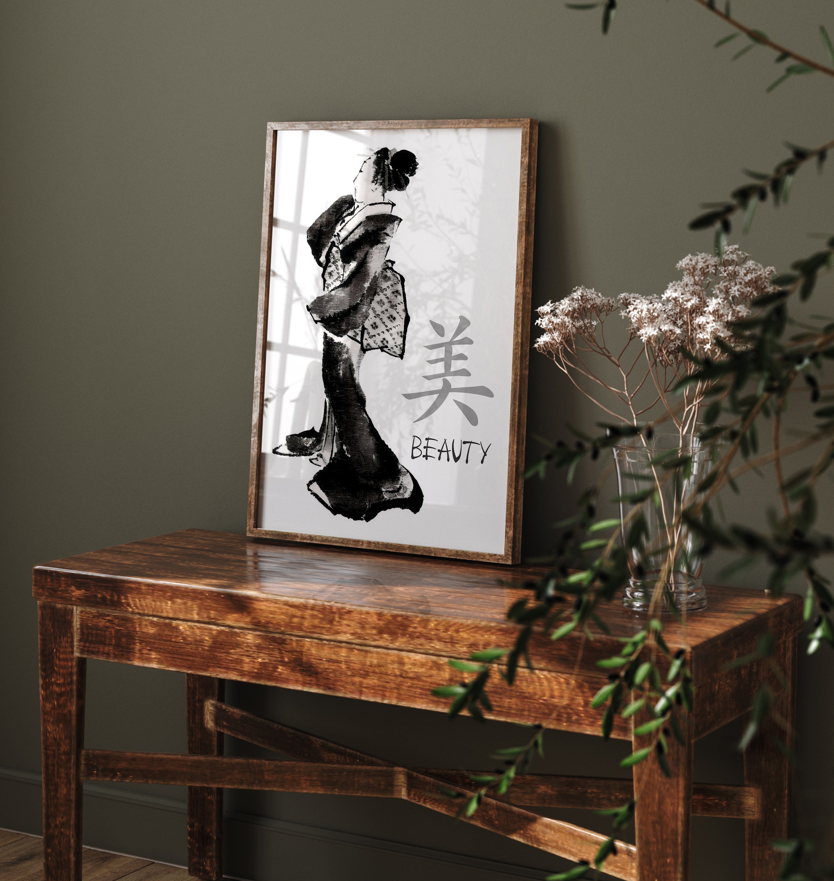 Japanese Kanji LIGHT ELEGANCE BEAUTY Print Set of 3, Black