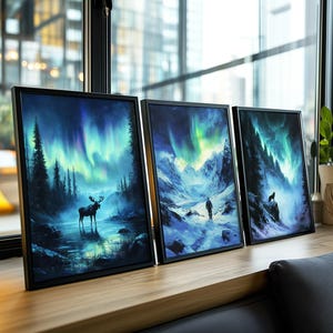 Sternenhimmel Nacht Aurora Borealis 3er-Set Prints, Nachthimmel Wandbild, Nebelhafte Nacht Berge Wanddekor, Nordlichter Art AURORA_I