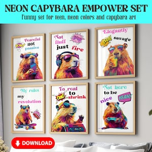 Bold Funny Teen Empower Capybara Wall Art Set of 8, Silly Pink Capybara Print Bundle, Capybara Wall Decor, Capybara Gallery Wall PRINTABLE