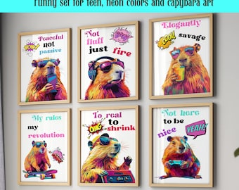 Bold Funny Teen Empower Capybara Wall Art Set of 8, Silly Pink Capybara Print Bundle, Capybara Wall Decor, Capybara Gallery Wall PRINTABLE